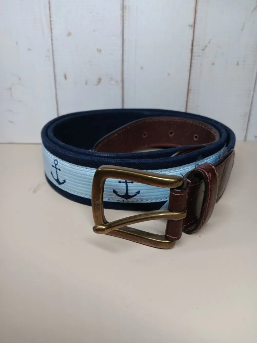 Preppy Belt with Nautical Anchors Canvas & Leather 34